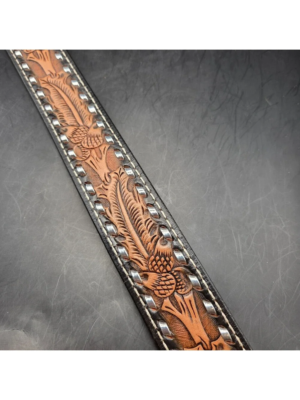 TANDY Western Leather Belt Mens 36 Brown Hand Tooled Floral Silver Studded 1.5in